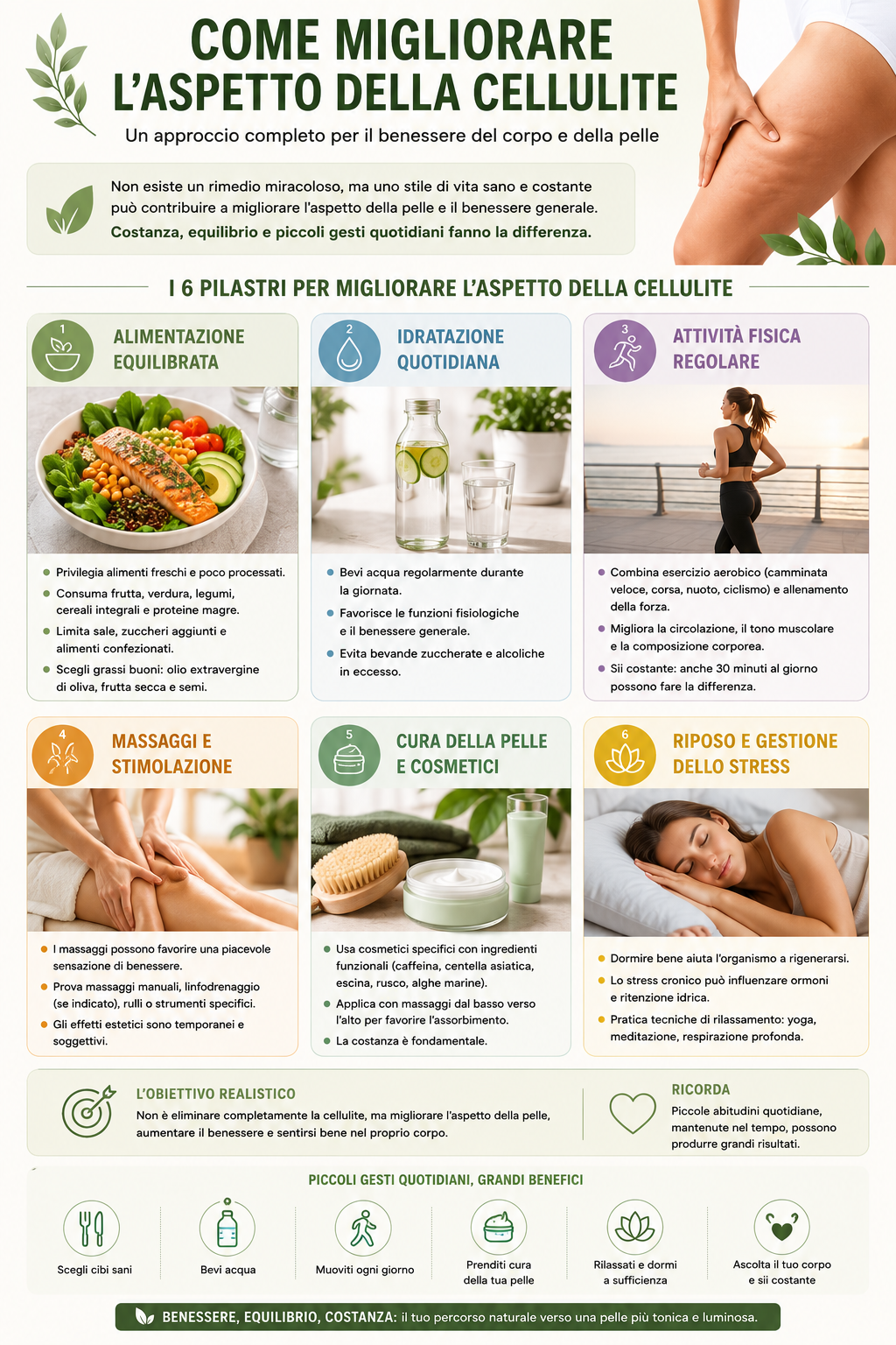 Infografica che riassume le principali strategie per migliorare l'aspetto della cellulite attraverso uno stile di vita sano: alimentazione equilibrata, idratazione, attività fisica regolare, cura quotidiana della pelle, massaggi e gestione dello stress.