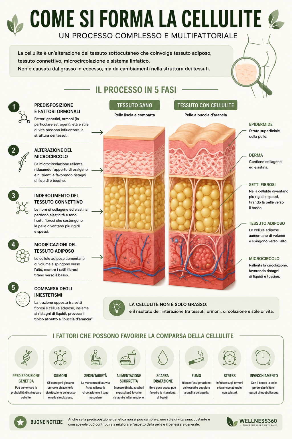 Infografica che spiega come si forma la cellulite, illustrando la struttura della pelle, il tessuto adiposo, i setti di tessuto connettivo, il microcircolo e i principali fattori che contribuiscono alla comparsa dell'aspetto a buccia d'arancia.