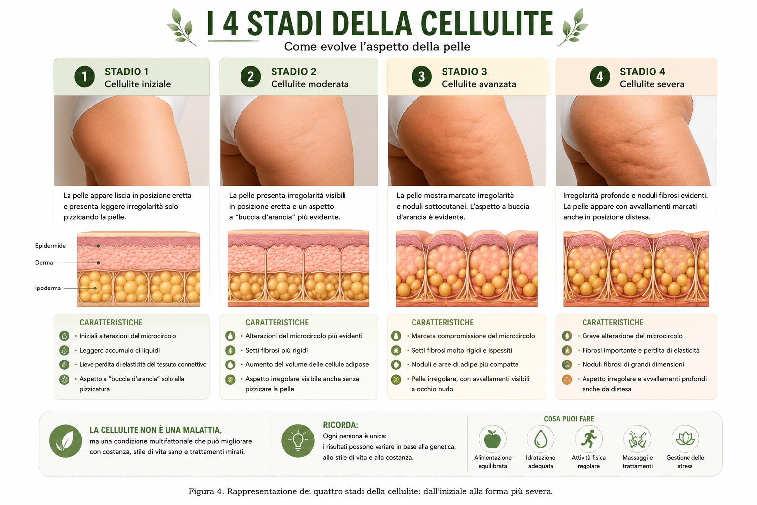 Infografica che illustra i principali stadi della cellulite, dalla fase iniziale fino alle forme più evidenti, mostrando in modo semplificato l'evoluzione delle irregolarità cutanee e dell'aspetto della pelle.