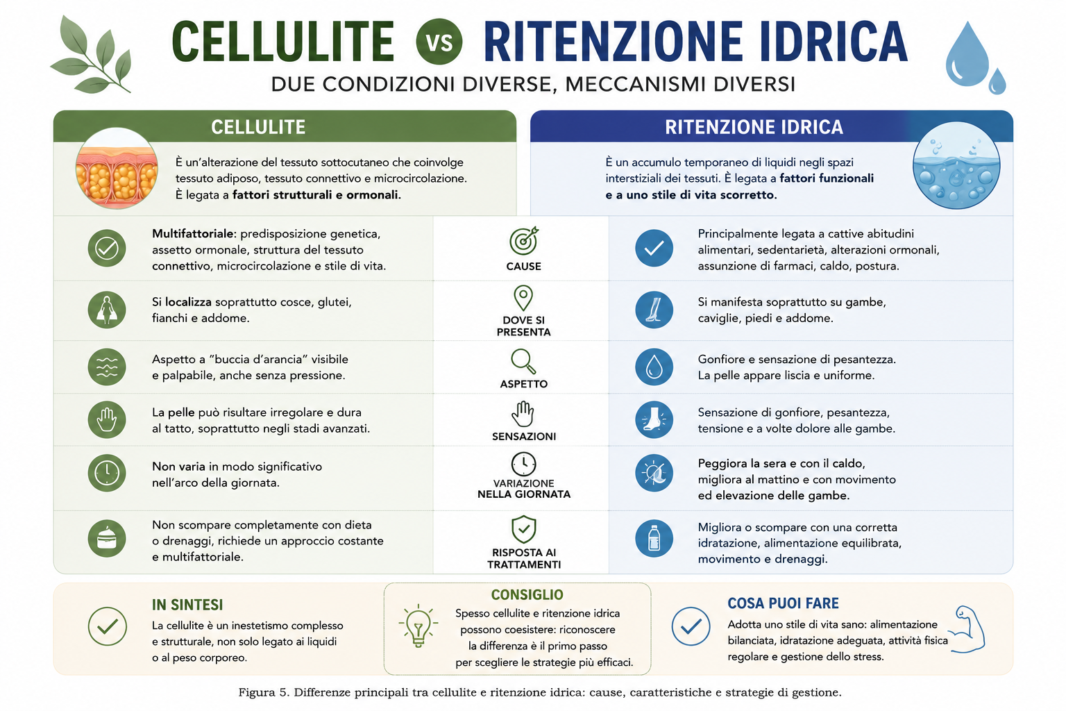 Schema comparativo che evidenzia le principali differenze tra cellulite e ritenzione idrica, illustrando caratteristiche e meccanismi delle due condizioni.