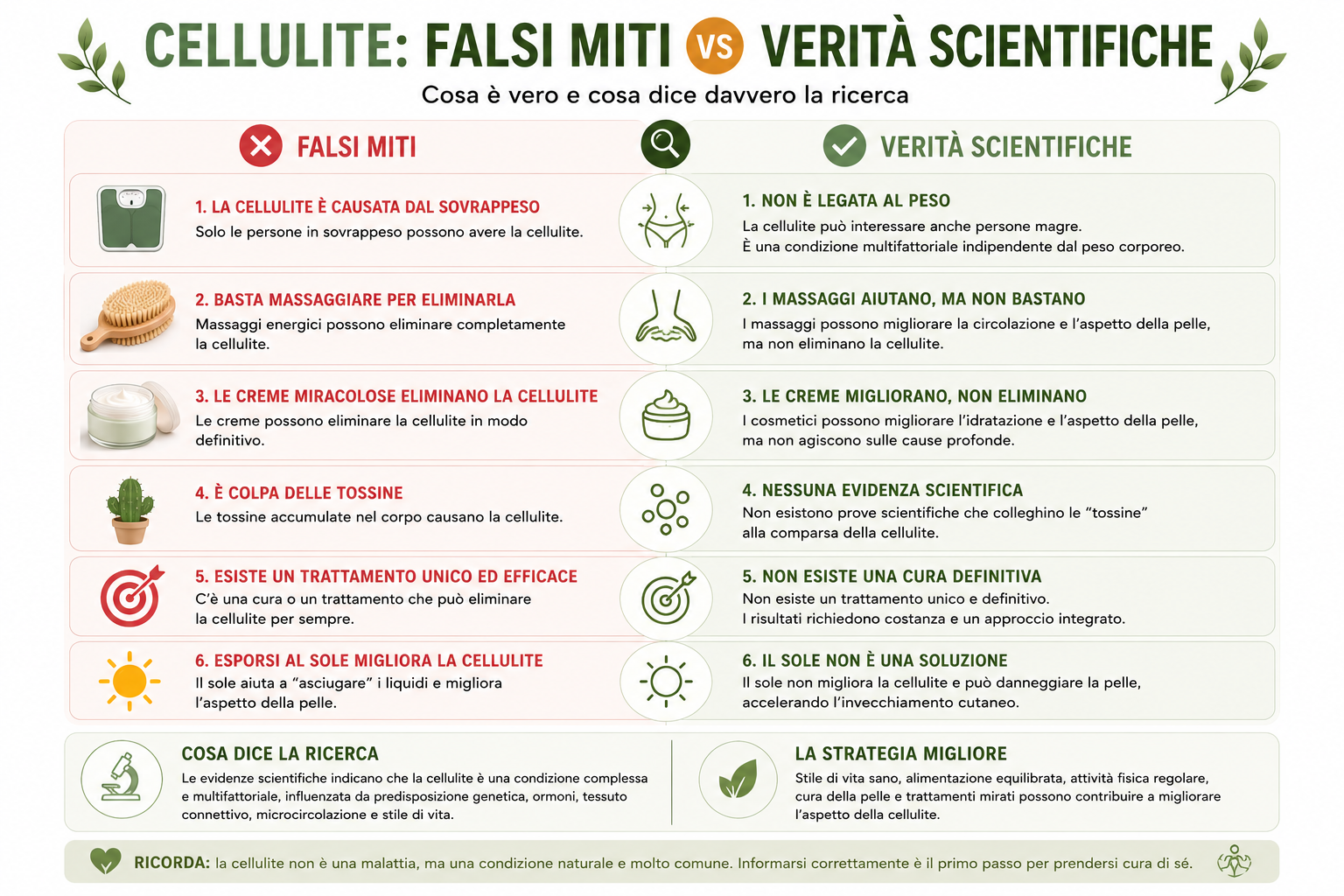 Infografica che confronta i principali falsi miti sulla cellulite con le evidenze scientifiche, chiarendo che non dipende solo dal peso corporeo, non esistono rimedi miracolosi e che un approccio integrato è il più realistico.